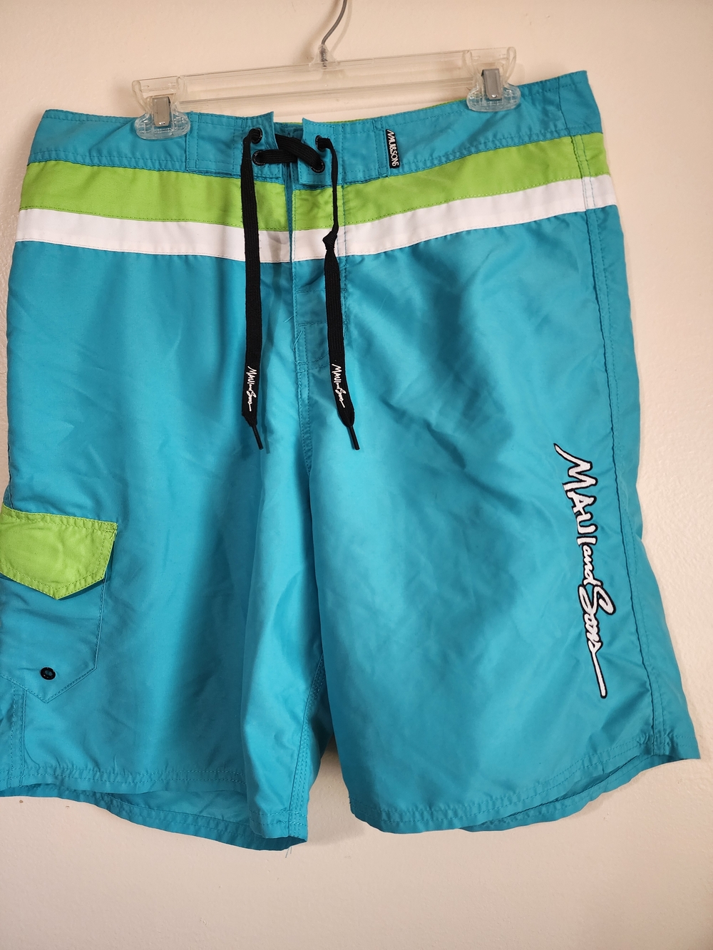Maui and Sons Vintage Turquoise and Lime Men’s Swim Board Shorts